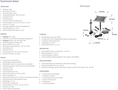esotec Solar Teichpumpenset 5 160 LED, Wasserspiel Komplettset, LiFePO4 Akkubox, Sprinklerpumpe 160l/h, Erdspieß, Solarmodul 5W, Solarbrunnen draußen, Springbrunnenpumpe Fontäne, 101920