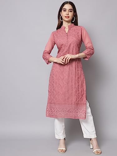 Image of Ekasya Women's Georgette Embroidered Work Kurta with Notch Neck 3 /4 Sleeves Straight Cut Calf Length | E1547