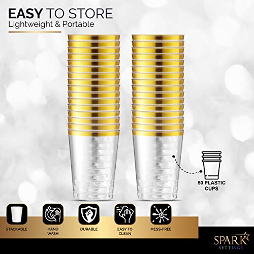 Sparksettings Gold Plastic Cups Disposable, 50 Pack 10Oz Elegant Clear Party Cups, Sturdy Plastic Wine Tumblers For Weddings, Bridal Showers, Christmas Disposable Cups For Wine, Sodas, Drinks #TOP3
