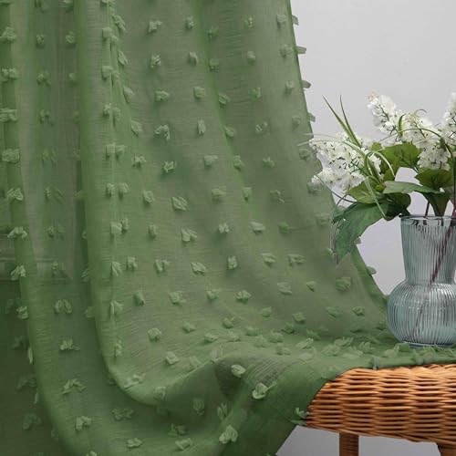 Image of KOUFALL Olive Green Curtains for Living Room Bedroom,Sheer Boho Pom Pom Textured Window Sheers Curtains 84 Inches Long 2 Panels Set