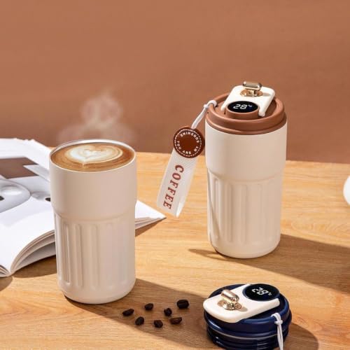 Image of Portable Stainless Steel Travel Coffee Mug with Lid Vacuum Insulated Double Wall Tumbler for Hot & Cold Drinks Leakproof Thermal Cup with Carry Strap for Office, Car, Home & Outdoor Use