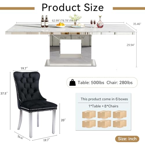 Image of 9-Piece Extendable Dining Table Set for 8, Modern 63 inch-94 inch White Faux Marble Expandable Kitchen Table Set with 8 Velvet Chairs, Large Extendable Dining Room Tables with Mirrored U-Shape Base
