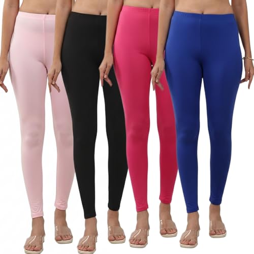 Image of Volex Women and Girls Full Length Leggings | Cotton Spandex /Elastane 4 Way Stretchable | Casual Slim fit Ultra Soft Leggings-Pack of 4