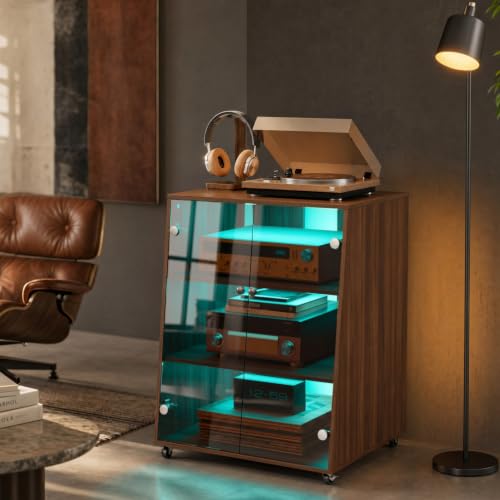 4-Tier Media Cabinet with LED Backlight & Wheels &Glass Doors,Audio Rack with Adjustable Shelves,Media Audio Tower Cabinet for Vinyl Record Player Stereo Receivers Audio Gear