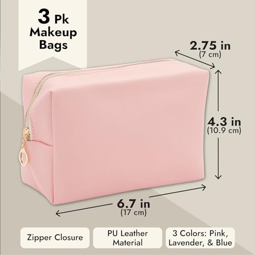 3 Pack Faux Leather Makeup Bag with Zipper, Travel Cosmetic Pouches (3 Pastel Colors)3