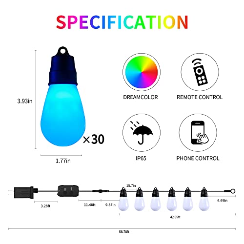 Holilluma Smart Outdoor String Lights, 43Ft Rgbw Patio Lights 30 Edison Bulb Waterproof, App-Remote-Control Box, Diy Color Changing Led Outside Lights, Perfect For Outdoor Backyard Wedding Holidays #TOP6