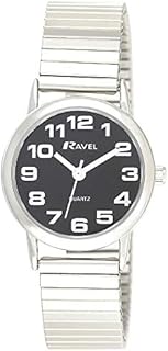 Ravel - Damen-Uhr mit Edelstahl-Expanderarmband mit großen Zahlen und Zeigern - silbernes Ton/schwarzen Zifferblatt
