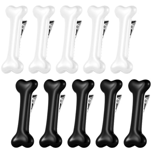 LXUEJIE 10 Pcs Bone Clips for Hair Resin Skull Hair Accessories Cute Side Hairs Barettes for Women Girls Dog Bone Hairpins Halloween Cosplay Party Decoration White & Black