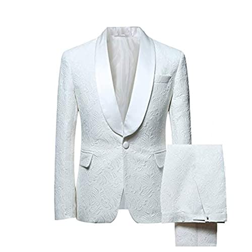 Paisley White Premium Floral Tuxedo Prom Wedding Grooms 2 Pieces Suits Blazer Pants