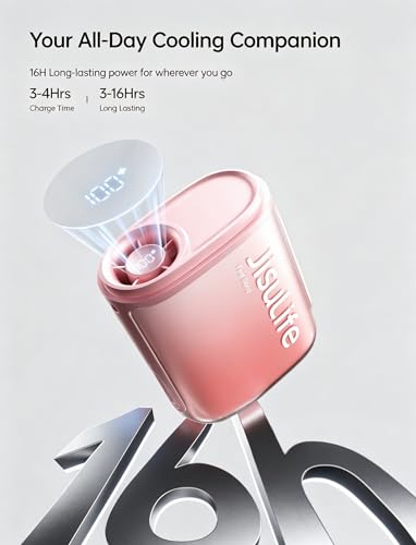 Image of JISULIFE Portable Neck Fan, 100 Speed 40000RPM Cooling, Mini Personal Handheld Wearable Waist Fan, 16H 4500mAh Battery with LED Display, Lightweight in Outdoor, Travel, Jobsite Gifts (Pink)