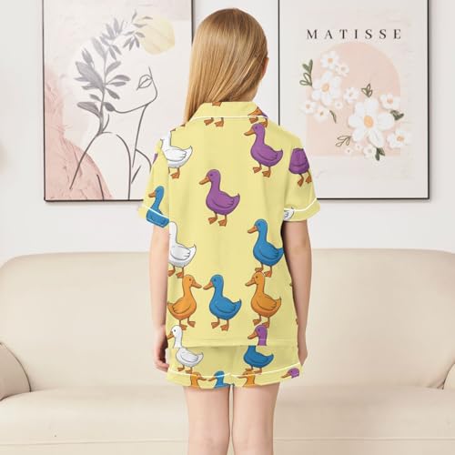 Satin Pajama Sets Short Sleeve Colorful Ducks on Yellow Button Down Silky Nightwear 2 Piece PJS 5-14Y4