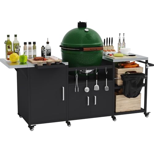 82.5L Outdoor Grill Station for Big Green Egg Heavy Duty Grill Cart for Kamado Joe Big Joe & Tabletop Griddle Mobile BBQ Island with Weatherproof Cover