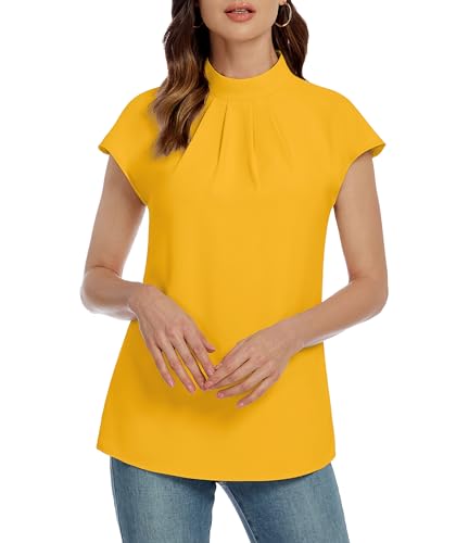 Image of Funlingo Womens Summer Tops Mock Neck Short Cap Sleeve Blouses Business Casual Work Chiffon Shirts Front Pleated Tunic Top