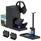 Charging Stand with Cooling Fan for Xbox Series X Console and Controller,Vertical Dual Charger Station Dock Accessories with 2 x 1400mAh Rechargeable Battery and Cover,Headset Stand and 10 Game Slots