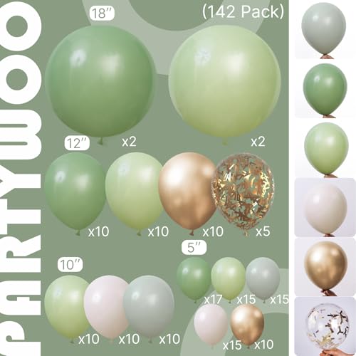 Image of PartyWoo Sage Green Balloon Arch Kit Garland 142pcs Different Sizes of 18 12 10 5 Inch Olive Dusty Boho Green Balloons for Baby Shower Graduation Jungle Woodland Dinosaur Birthday Party Decorations