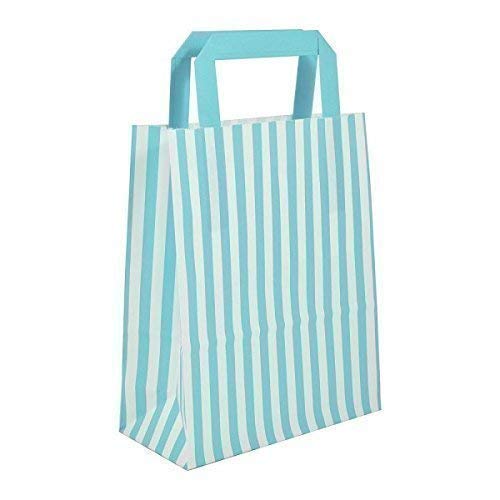 We Can Source It Ltd 50 x Blue Candy Stripe Paper Carrier Bags with Flat Handles - 18cm x 22cm x 8cm - WECANSOURCEIT