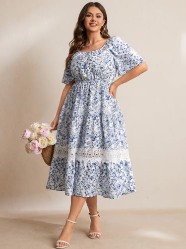 Image of RWJ Women's Plus Size Maxi Dress Short Sleeve Square Neck Flowy A-Line Lace Trim Flutter Party Casual Off Shoulder Dresses