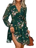 LILLUSORY Womens Long Sleeve Wedding Guest Dresses Casual Spring Fall Winter Fashion Outfits V Neck Mini Chiffon Cute Flowy Trendy Clothes 2026 Summer Dress Green M