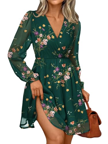 LILLUSORY Womens Long Sleeve Wedding Guest Dresses Casual Spring Fall Winter Fashion Outfits V Neck Mini Chiffon Cute Flowy Trendy Clothes 2026 Summer Dress Green M