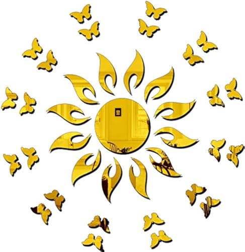Image of Bikri Kendra - Sun Flame with 20BUTTERFLY Golden- 3D Acrylic Decorative Mirror Murals Wall Stickers