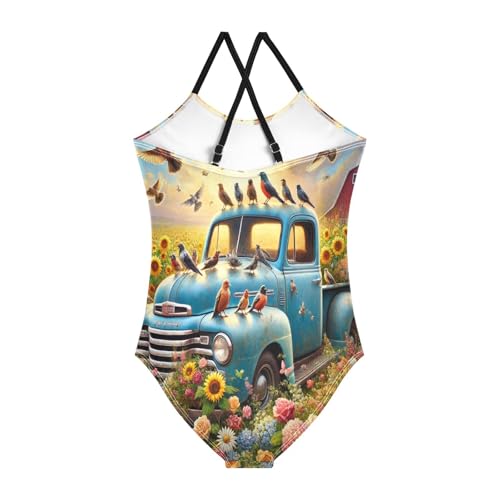 Truck Birds Flowers Girls Swimsuit Bathing Suit Swimsuits One Piece Summer Beach Swimwear2