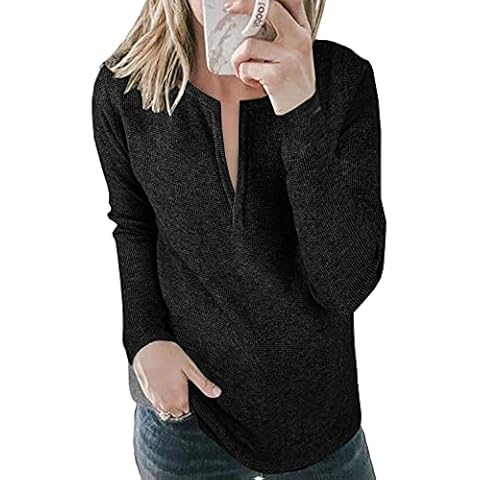 Womens V Neck Long Sleeve Pullover Sweaters Waffle Knit Casual Solid Henley Jumper Tops - black - X-Large Cover
