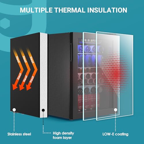 EUHOMY 100 Can Beverage Refrigerator cooler-Mini Fridge Glass Door for Beer Drinks Wines, Freestanding Beverage Fridge with Adjustable Shelves Blue LED for Home/Office/Dorm/Bar, 2.7 cu.ft