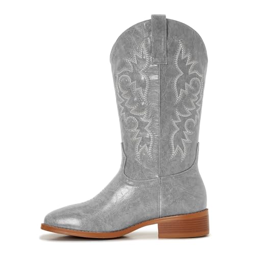 Image of Cowgirl Boots Square Toe Cowboy Boots For Women Ladies Mid Calf Low Heel Flat