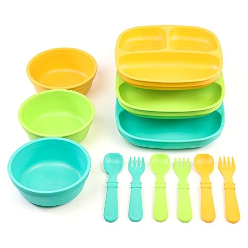 Image of Re-Play 3 Divided Toddler Plates, 3 Utensils Set and 3 Wide Base Bowls - Dishwasher and Microwave Safe - Made in USA - Aqua Asst