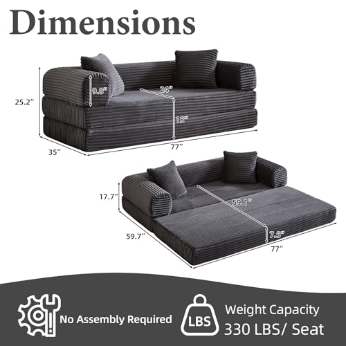 Image of 78 Inch Convertible Futon Sofa Bed,Folding Boneless Couches with Sleeper Sofa,Fold Out Floor Sofa Couch with Deep Seat,Cloud Corduroy Foldable Mattress Couch for Living Room (Dark Grey)