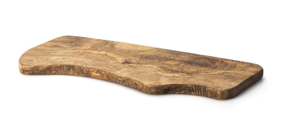 Continenta Tabla de cortar de madera de olivo natural, longitud de 50 cm, tabla para servir en forma natural con borde, refinada con aceite apto para alimentos, pieza única