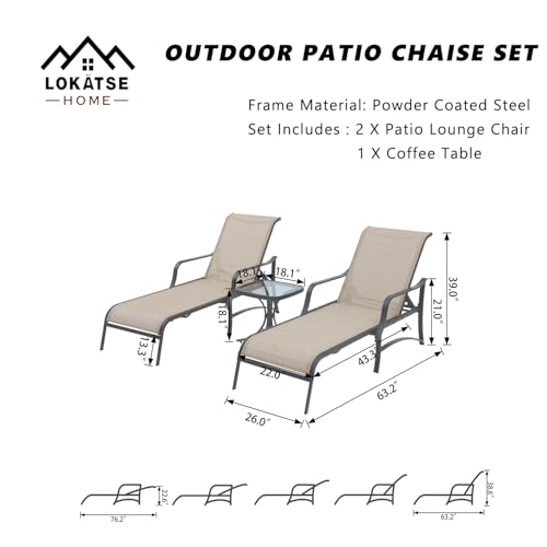 Image of LOKATSE HOME Adjustable Patio Chaise Lounge Set of 2, Outdoor Textiline Reclining Chairs with 1 Glass Top Bistro Table Sturdy Metal Frame for Backyard Porch Poolside, Beige