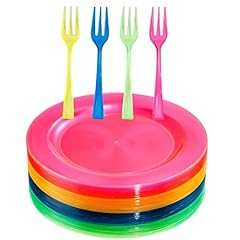 100pcs Colorful Appetizers Plates with 100pcs Colorful Plastic Forks