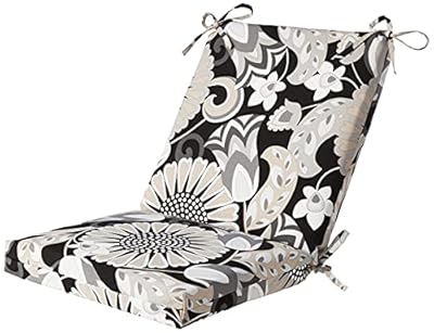 Pillow Perfect Floral Indoor/Outdoor Solid Back 1 Piece Square Corner Chair Cushion with Ties, Deep Seat, Weather, and Fade Resistant, 36.5" x 18", Black/White Sophia, 1 Count
