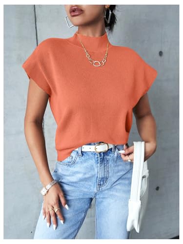Image of OYOANGLE Women's Mock Neck Cap Sleeve Ribbed Knit Sweater Top Pullover Casual Office Shirts Orange X-Small
