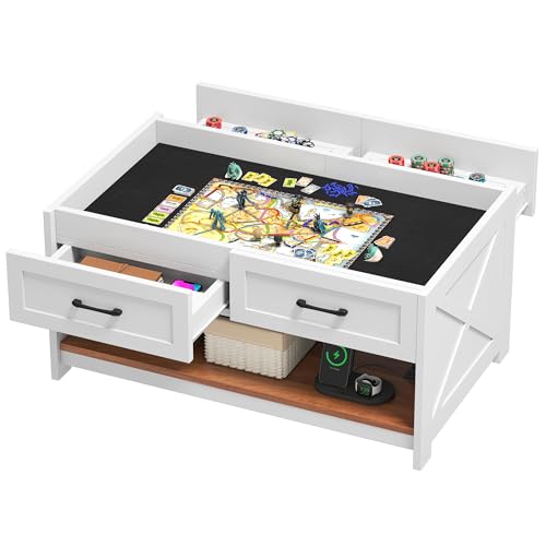 DWVO Farmhouse Living Room Coffee Table: 3-in-1 Game & Puzzle Table with Play Mat, 4 Drawers, Power Outlet, Removable Top Walnut