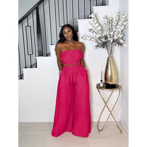 Image of Two Piece Sets for Women Summer Outfits Crop Tops and Wide Leg Pants Sets Sexy Jumpsuits Vacation Outfits with Pockets