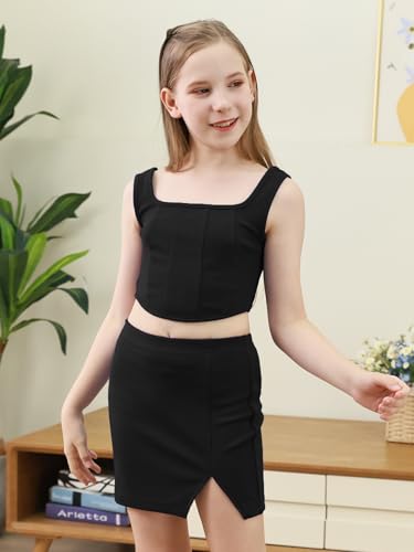 Image of GORLYA Girls Skirt Sets Sleeveless Casual Summer Crop Tank Tops and Bodycon Short Pencil Skirt 2PCS Outfit Clothes 6-14Y