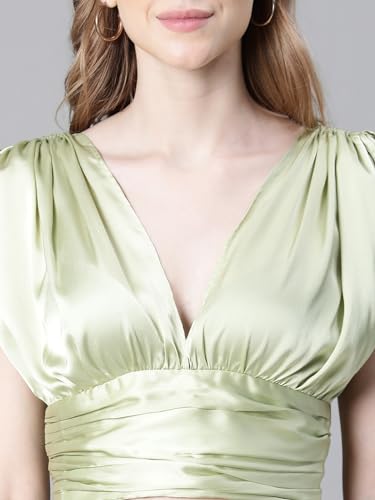 Image of oxolloxo Women Solid V-Neck Elasticated Tie-Up Satin Crop Top