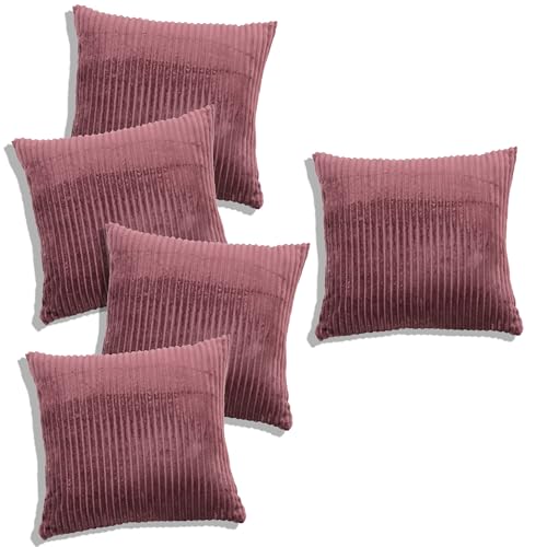 Image of RD TREND Cushion Cover Set of 5, Decorative Sofa Living Room Home Square Cushion Covers 16 Inch x 16 Inch, Aesthetic Corduroy Striped Double Sided (Wine,Pack of 5)
