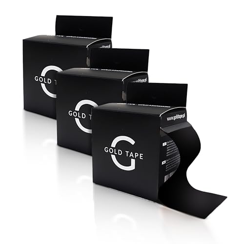 Gold Tape Cinta Kinesiologica Set 3uds Negro | Vendaje Hipoalergénico Impermeable | Cinta Médica para Recuperación Muscular - 5cm x 5m | Cinta Fisio para Lesiones | Rollo Único Sin Cortar