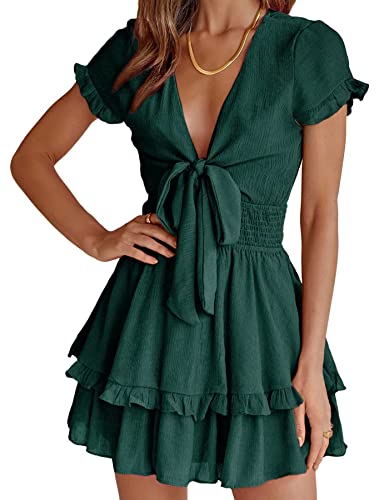 PRETTYGARDEN Women Summer Mini Short Dress 2025 Short Sleeve Casual Beach Vacation Sundress V Neck Tiered Sun Dresses