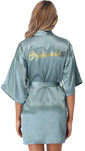 Vlazom Morgenmantel für Hochzeit Satin Kimono Badmantel für Braut&Brautjungfern V-Ausschnitt Damen Robe mit Gürtel(L,Grün für Brautjungfer)
