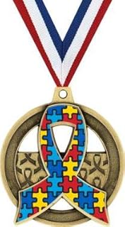 2" Gold Autism Awareness Medals - Autism Puzzle Awareness Ribbon Gifts