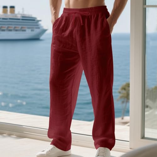 Mens Linen Pants Elastic Waist Drawstring Loose Fit Beach Lounge Trouser Solid Color Casual Lightweight Baggy Pants2