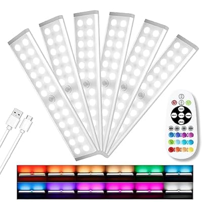 Diomart Under Cabinet Lights, Rechargeable Motion Sensor Light Indoor Night Lights, 58 LED Wireless Under Counter Lighting with Remote Control for Kitchen, Wardrobe, Hallway, Stairs (6 Pcs)