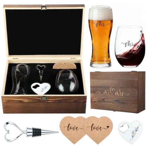 Remerry 7 Pcs Wedding Gifts for Couples 2026 Mr and Mrs Wine Glasses Set with Wooden Keepsake Box Heart Wine Stopper Opener Coasters for Wedding Bridal Shower Engagement Anniversary Bachelorette