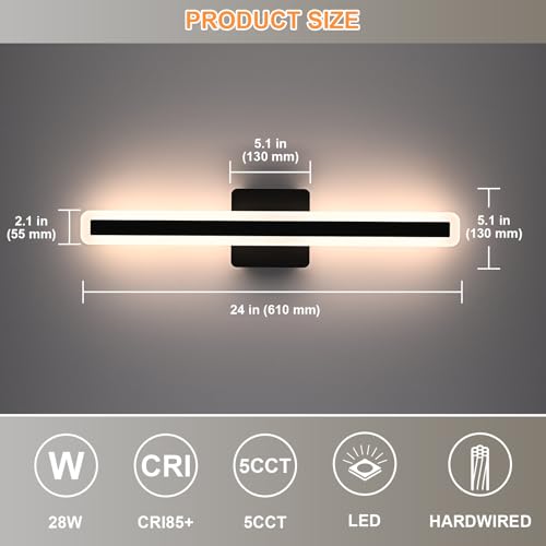 Image of Modern Bathroom Light Fixture Over Mirror 24.0 Inch, 28W Black LED Vanity Light Bar, 5CCT Dimmable Vanity Lighting Fixtures Linear LED Wall Sconces Bar Lights for Bathroom Cabinets Bedroom