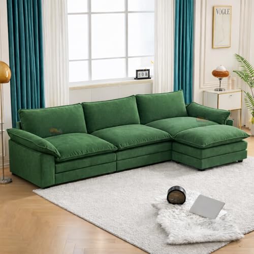 Image of SRMS Sectional Sofa Modern Deep 4 -Seat Sofa Couch | 3 + 1 ottoman | Chenille Sofa Sleeper Comfy Upholstered Furniture for Living Room, Apartment, Studio, Office | L Shape | Green