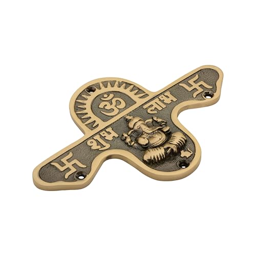 Image of DEVDECOR, Brass Shubh Labh Wall Hanging with Lord Ganesha Idol - 6.4 inch Decorative Hindu Door /Entrance Plaque with Om & Swastik Symbols for Home Temple & Vastu